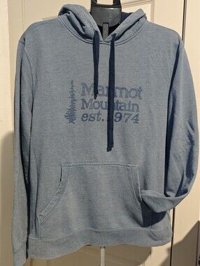 Marmot Men's Pullover Hoodie in Dusty Blue with Navy Drawstrings Size L/G